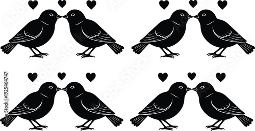 Love birds silhouettes collection, romantic kissing bird pairs with hearts, black cute animal icons set for valentine, vector design