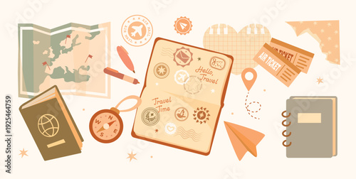 Cozy vintage scrapbook set on the theme of travel in warm retro colors. Open passport with cute stamps, map, compass, book. Great for digital scrapbooking, journaling, planners, stickers.