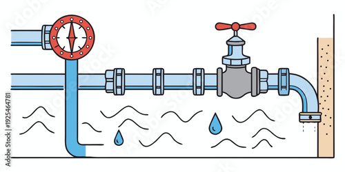 Illustration of a plumbing system with a leaking pipe and pressure gauge