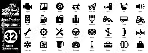 Solid silhouette tractor parts and farming tool icon collection vector illustration.