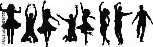 Dancing people silhouettes vector illustration featuring energetic men and women in dynamic poses, party celebration theme, black isolated figures on white background