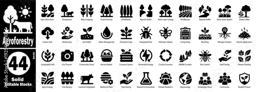 Agroforestry glyph solid icons set. Sustainable agriculture solutions vector illustration.