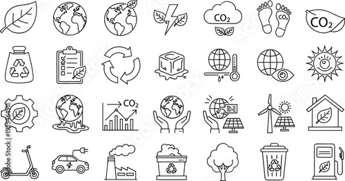 Climate Change and Environmental Protection Line Icon Set with CO2, Recycling, Renewable Energy, and Sustainability Symbols