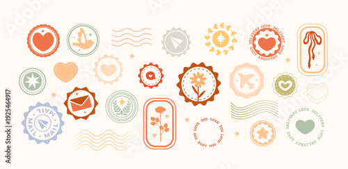 Large cute collection of various vintage stamps with flowers, hearts, inscriptions in pastel colours. Great for digital scrapbooking, journaling, planners, stickers, packaging, letters.