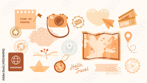 Cosy vintage scrapbook set on the theme of travel in warm retro colours. Map, compass, camera, passport, stamps. Perfect for digital scrapbooking, journaling, planners, stickers. Travel concept