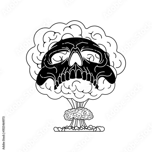 Nuclear mushroom cloud with a human skull shape inside. Concept of war, destruction, and global apocalypse. Black and white ink