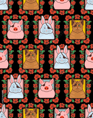 Seamless pattern with cute animals in vintage floral frames on black. Portraits of rabbit, pig and capybara. Folk art style nursery wallpaper vector illustration.