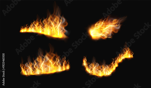Fire burning shapes on black background, fire vector design set, flaming campfire, bonfire with with tongues of flame