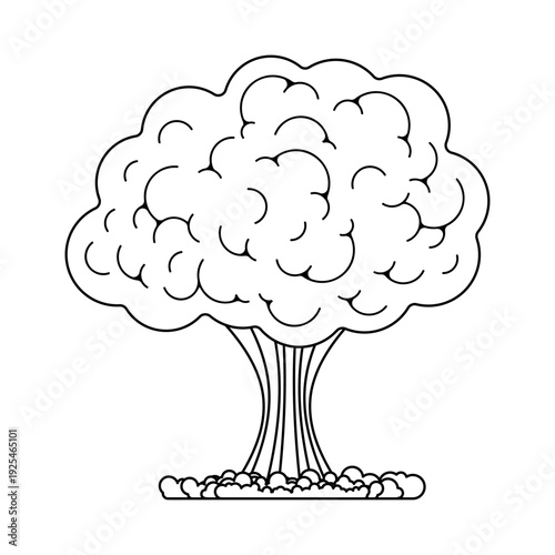 Minimalist nuclear mushroom cloud explosion. Concept of atomic energy, war, and global catastrophe. Black and white line art vector illustration isolated on white.