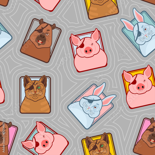 Seamless pattern with cute animal portraits in frames on grey background with spirals. Character illustrations of pigs, rabbits and capybaras. Folk art style nursery wallpaper.