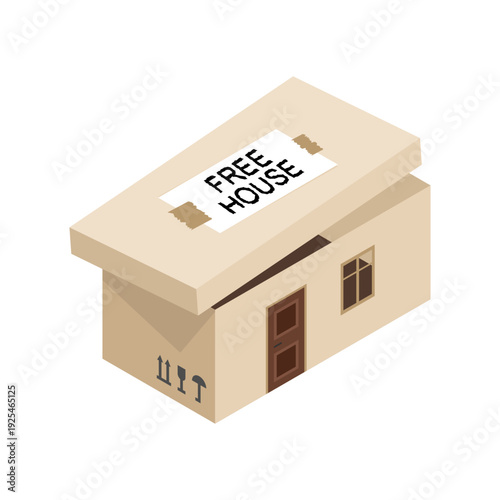 Shoebox shaped like a house with Free House text. Metaphor for high property prices, real estate crisis, and expensive housing. Isometric flat vector isolated on white.