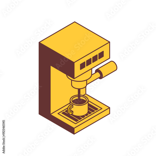 Isometric yellow espresso coffee machine with a cup. Modern kitchen appliance for cafe, office and home brewing. Flat vector illustration isolated on white.