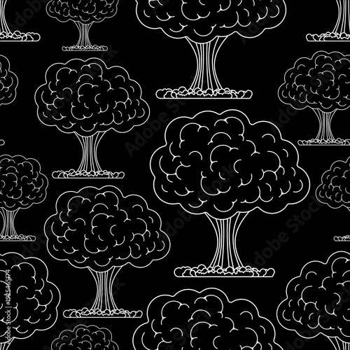 pattern with white nuclear mushroom clouds on black background. Concept of war, destruction and military catastrophe
