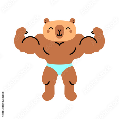 Cute Strong muscular capybara bodybuilder showing biceps. Funny fitness, gym and bodybuilding concept. Flat vector illustration of a powerful rodent character isolated on white.
