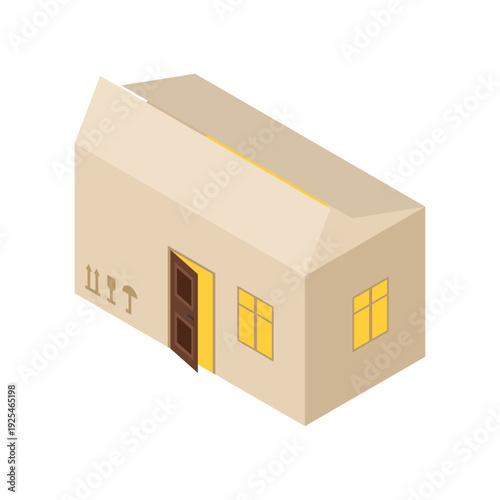 Simple cardboard box house. Concept of affordable housing, social support, and free shelter for homeless. Minimalist isometric vector illustration isolated on white.