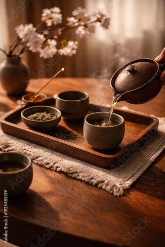 Kyusu Teapot Pouring Green Tea – Warm Japandi Tea Ceremony Scene (Generative AI)