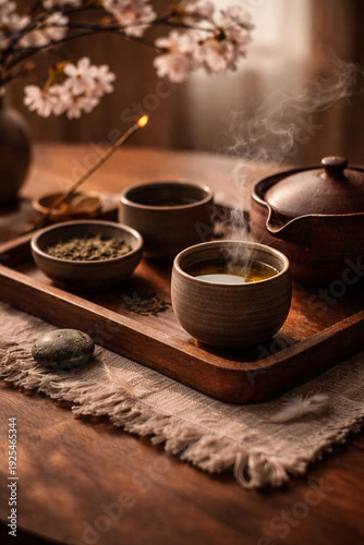 Zen Tea Ceremony Close‑Up with Incense Smoke – Spiritual Still Life (Generative AI)