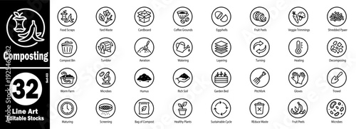 Circular composting line icons. Sustainable gardening and waste vector illustration.