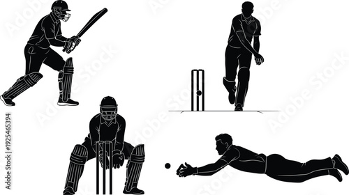 Professional Athletes Batting, Bowling, and Fielding Vector