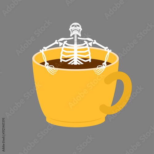 Human skeleton relaxing and taking a bath in a yellow coffee cup. Funny morning coffee, death, and relaxation concept.  