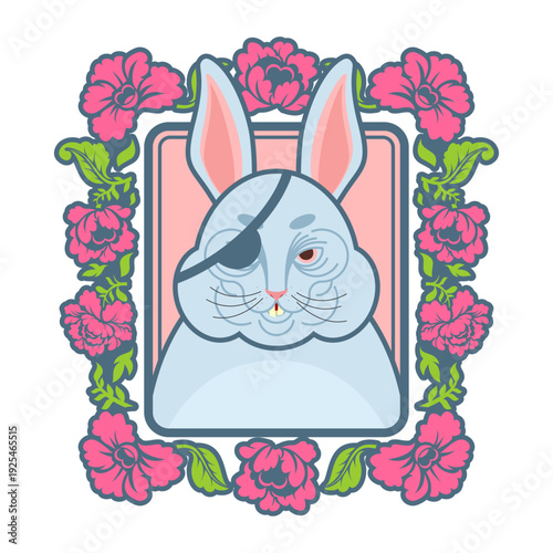 Portrait of a blue rabbit with a pirate eye patch in a vintage floral frame with red roses. Folk art style animal character. Vector illustration isolated on white.
