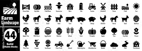 Farm landscape solid icons. Collection for ranching and agriculture vector illustration.