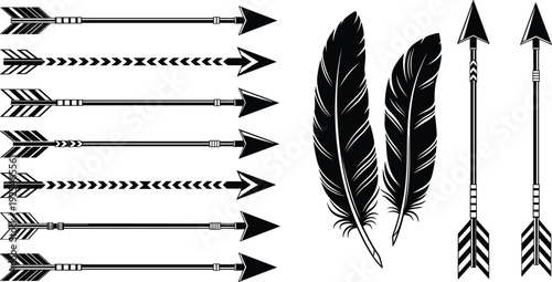 Tribal arrows and feathers silhouettes vector illustration set, boho decorative elements collection, black design isolated on white background