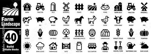 Set of 40 solid vector icons representing farm landscape and agriculture vector illustration.
