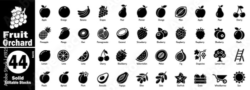 Fruit orchard solid icons. Collection of apple, orange, banana, grapes, pear, plum, and avocado vector illustration.
