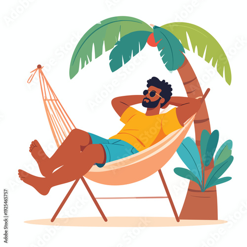 Man relaxing on hammock under palm tree on tropical beach