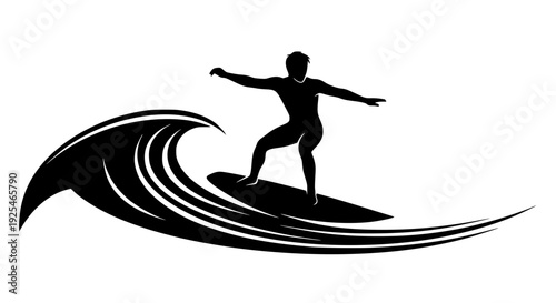 A powerful black silhouette graphic illustration of a dynamic male surfer riding a big ocean wave on his board, representing extreme water sports, active recreation, summer lifestyle, and the thrillin