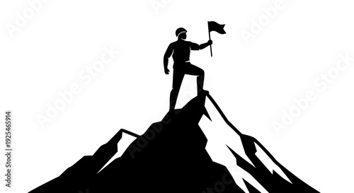 Silhouette of an accomplished mountaineer standing triumphantly on a sharp mountain summit while proudly planting a victory flag.
