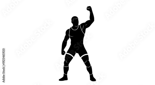 Silhouette graphic representing a muscular athlete or wrestler celebrating victory with one arm raised in a triumphant gesture of success and power