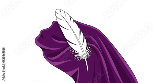 White Feather on Purple Fabric Closeup.