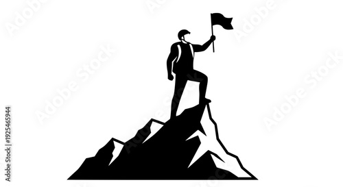 A determined mountaineer proudly stands victorious atop a rugged mountain peak, holding a flag high, symbolizing immense personal achievement, successful goal attainment, and the ultimate triumph over
