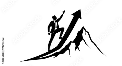 A determined businessman in a suit climbs an ascending arrow, symbolizing financial growth, business success, market advancement, career progression, goal achievement, and overcoming entrepreneurial c
