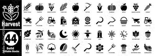 Solid harvest icons for agricultural design and farming infographic vector illustration.