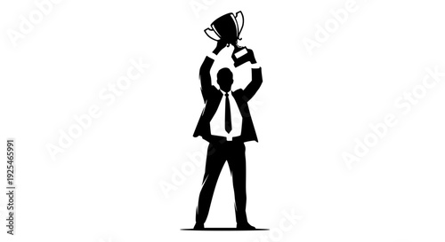 A successful businessman celebrating a major victory by proudly holding a gleaming championship trophy high above his head, symbolizing peak achievement and professional success in the corporate world