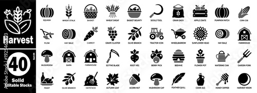 Autumn harvest solid icons. Seasonal food and farm market theme vector illustration.
