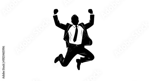 Silhouette graphic of a jubilant businessman wearing a formal suit and tie leaping high into the air celebrating a major professional achievement