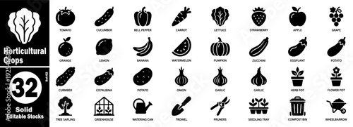 Horticultural crops and gardening solid glyph icons. Collection for design vector illustration.