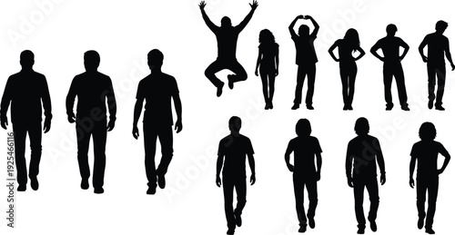 People silhouettes collection, men and women standing walking and jumping poses, black human figures set for lifestyle, vector design