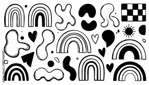 hand-drawn doodle vector set of social aesthetic shapes illustrated in a playful sketchy outline style isolated on white background