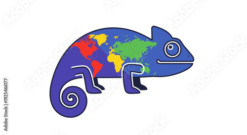 Colorful Cartoon Chameleon with Global Map.