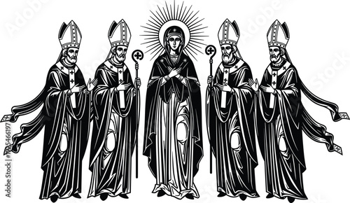 Minimalist, religious, icon, of, Virgin, Mary, with, four, bishops, silhouette, illustration, Christian, iconography, halo, mitre, robes, saints, cathedral, spiritual, catholic, art.