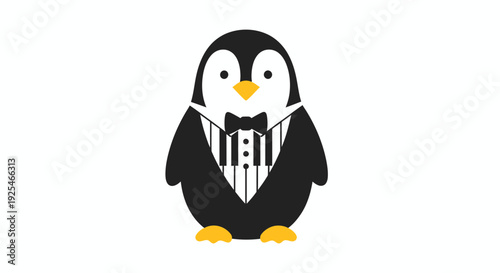 Penguin wearing tuxedo illustration on white background.