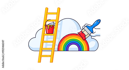 Painting Rainbow with Paintbrush and Ladder.