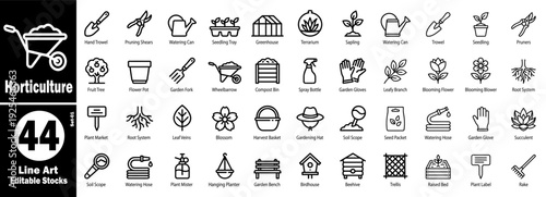 Horticulture line art icons set. Gardening and agriculture vector illustration.