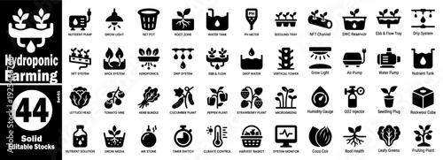 Hydroponic farming solid icons set. Greenhouse water culture aeration vector illustration.