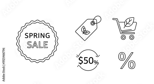 Spring Sale EcoFriendly Shopping Icons Set. Vector Illustrations. EPS Editable